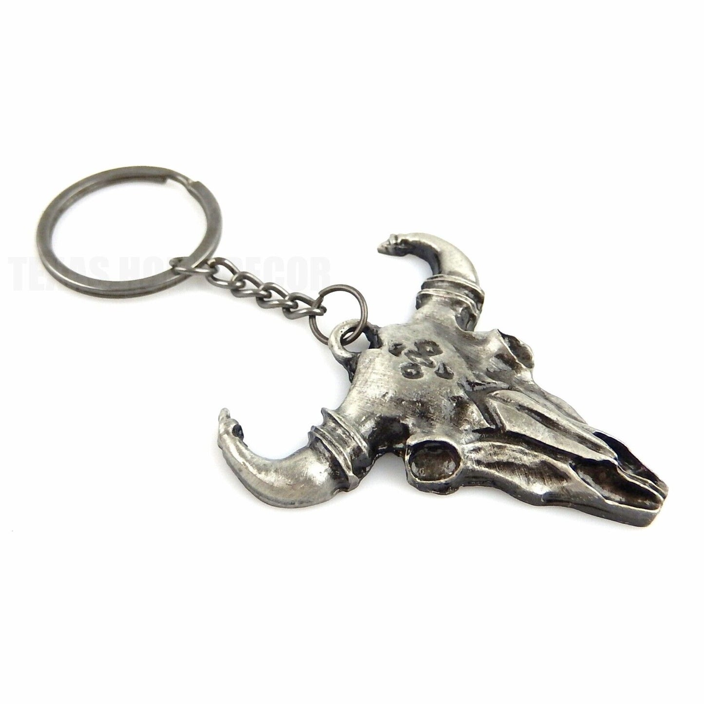 Metal Steer Cow Skull Keychain With Ring Antique Silver Western Cowboy