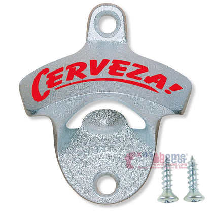 CERVEZA! Beer Bottle Opener Wall Mounted Zinc Plated Cast Iron Starr X w/Screws