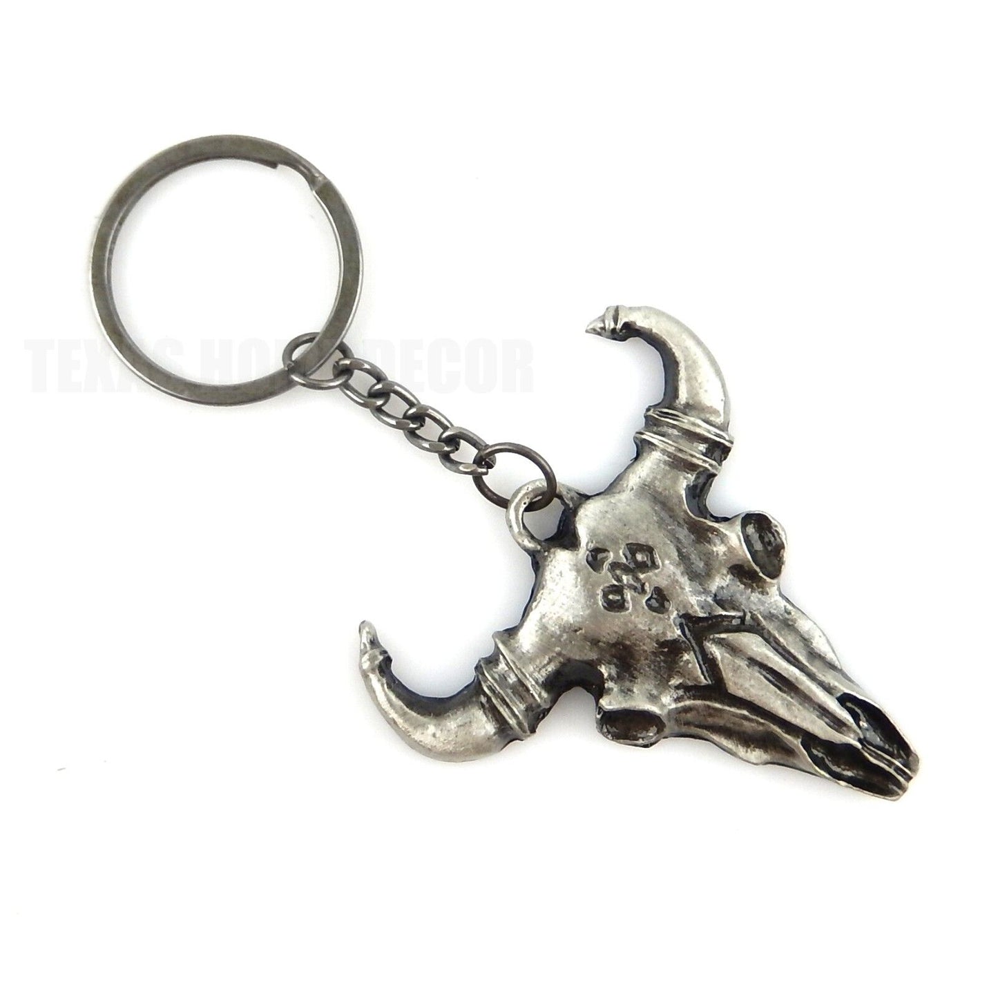 Metal Steer Cow Skull Keychain Fob With Ring Antique Silver Western Cowboy