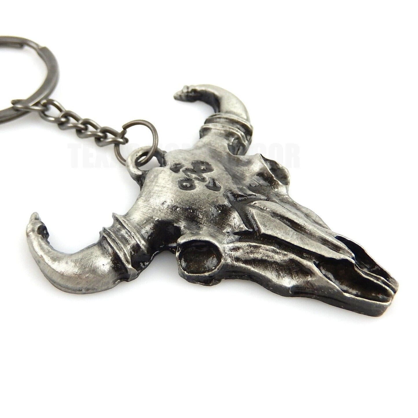 Metal Steer Cow Skull Keychain With Ring Antique Silver Western Cowboy