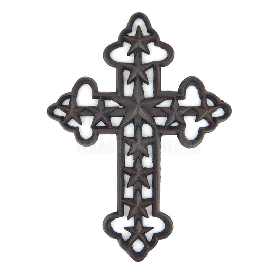 Fleur De Lis Stars Inlay Wall Cross Cast Iron Antique Style Dark Brown 12 inch