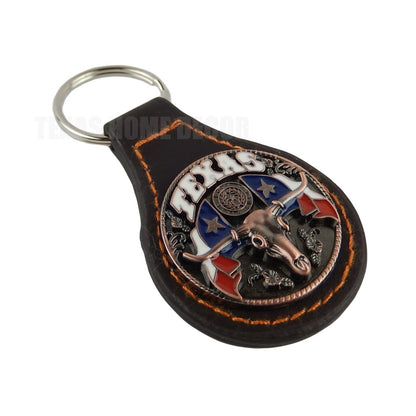 Brown Leather Keychain With Ring Texas Flag Longhorn Copper Concho Color Enamel