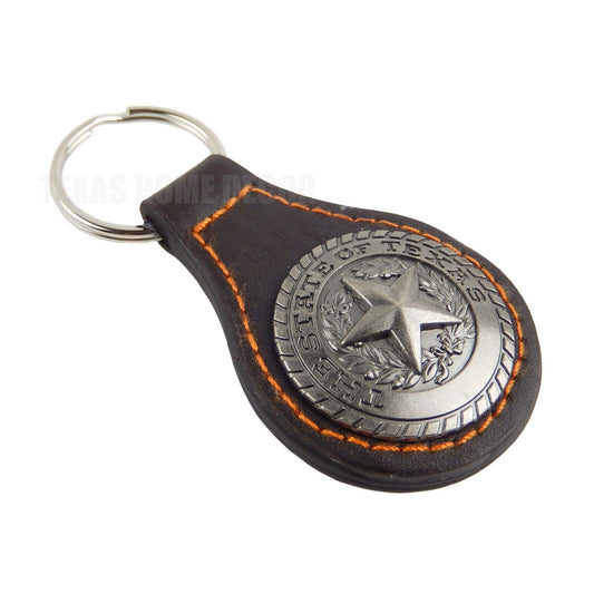 Brown Leather Key Fob Ring Silver The State of Texas Seal Concho Western Style