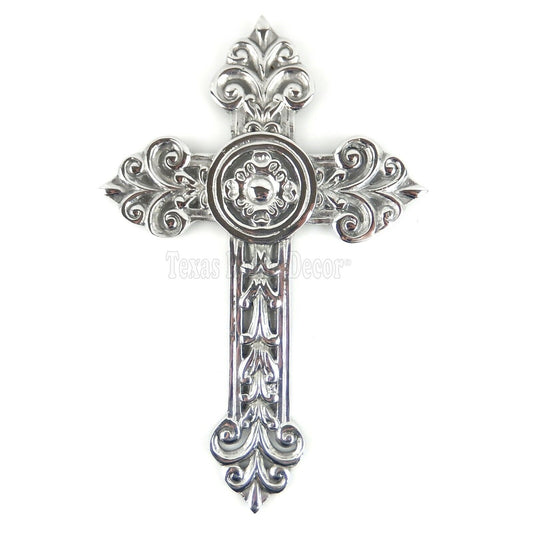 Fleur De Lis Silver Wall Cross Polished Aluminum Floral Flower Gift 12.5" Tall