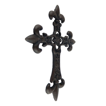 Fleur De Lis Wall Cross Cast Iron Antique Style Rustic Finish Scrolls 10 1/2"