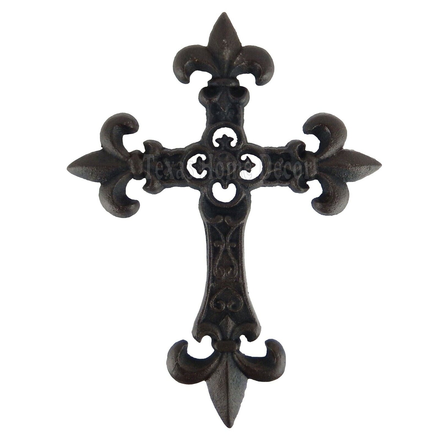 Fleur De Lis Wall Cross Cast Iron Antique Style Rustic Finish Scrolls 10 1/2"