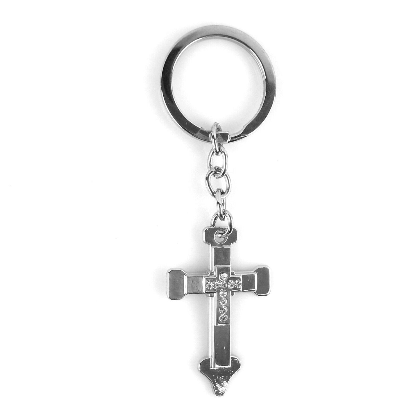 Metal Crucifix With Stones Keychain Shiny Silver Finish Religious Key Ring