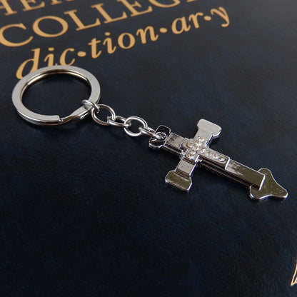 Metal Crucifix With Stones Keychain Shiny Silver Finish Religious Key Ring