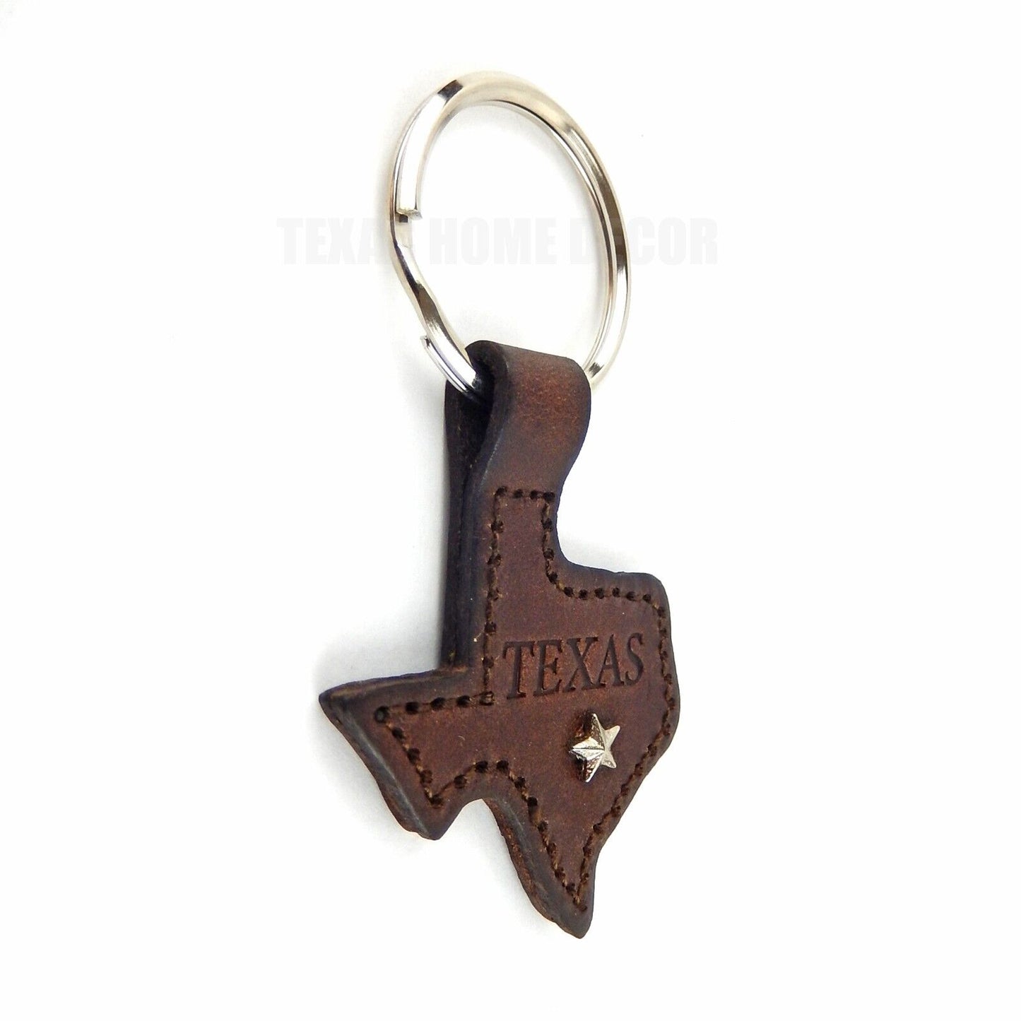Texas Map Star Brown Leather Keychain Ring Tooled Leather Star Stud Accent
