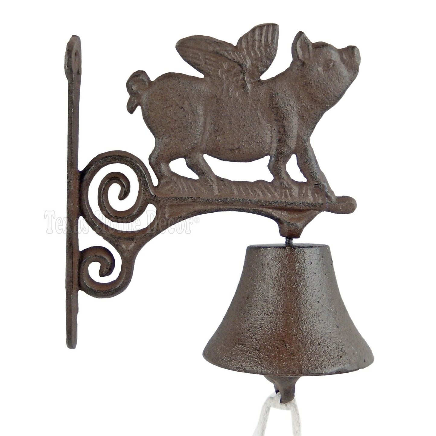 Flying Pig Dinner Bell Cast Iron Wall Mounted Antique Style Scrolls Rustic