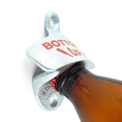 Starr X "BOTTOMS UP" Beer Soda Bottle Opener Wall Mounted Zinc Plated Cast Iron