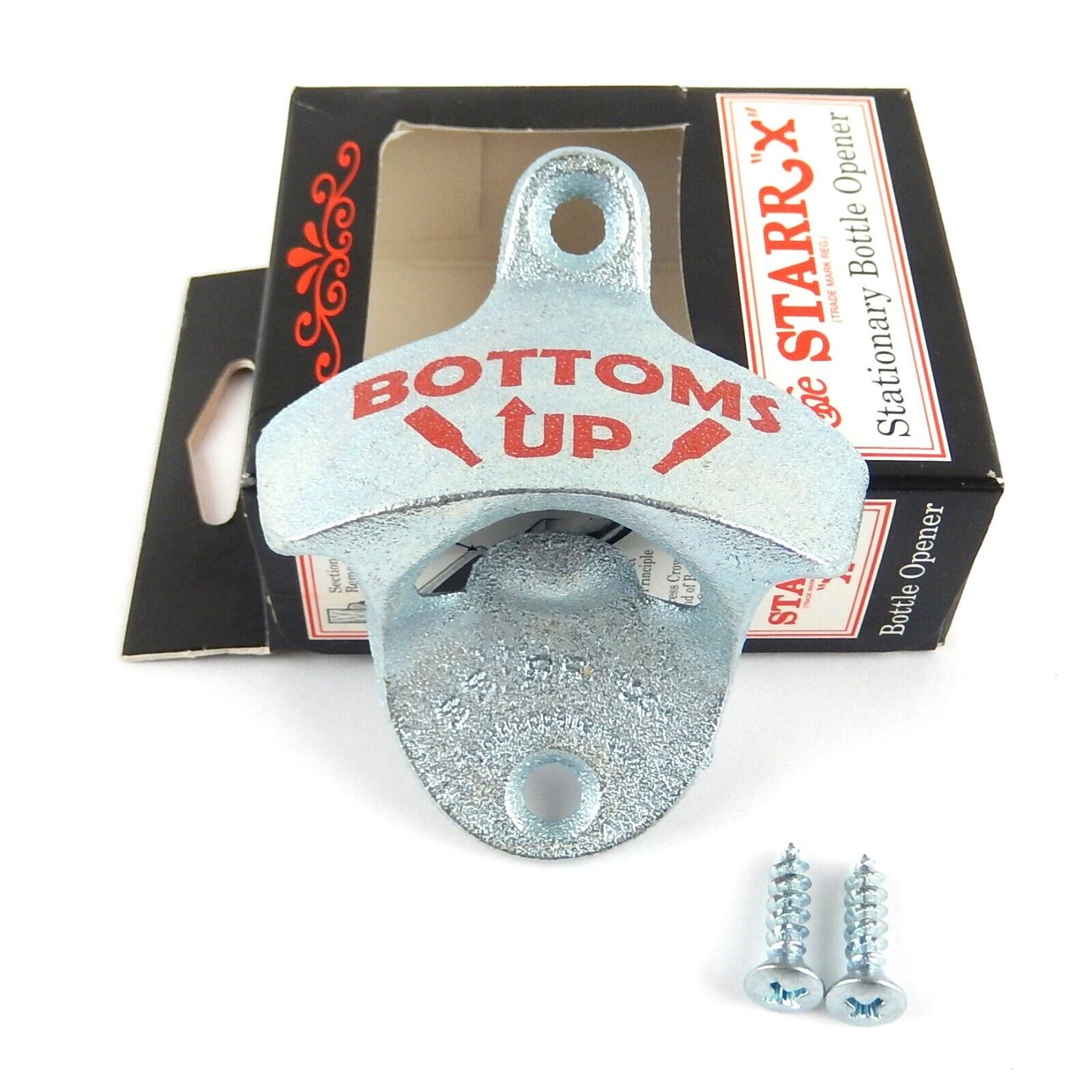 Starr X "BOTTOMS UP" Beer Soda Bottle Opener Wall Mounted Zinc Plated Cast Iron