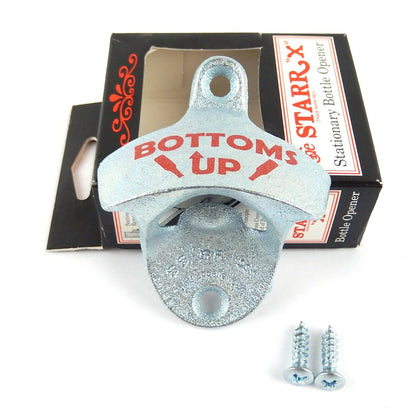 Starr X "BOTTOMS UP" Beer Soda Bottle Opener Wall Mounted Zinc Plated Cast Iron