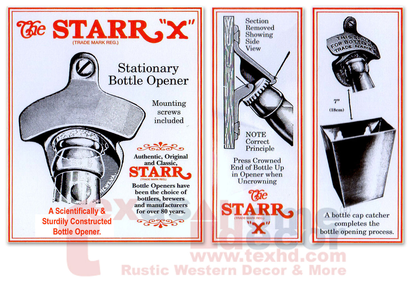 Starr X "BOTTOMS UP" Beer Soda Bottle Opener Wall Mounted Zinc Plated Cast Iron