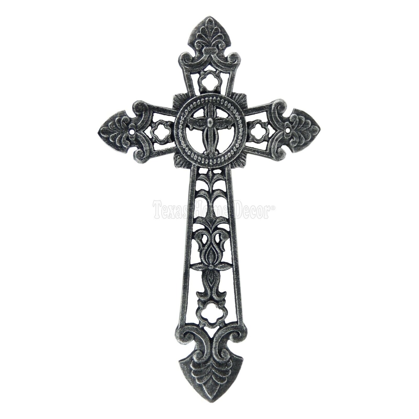 Large Gothic Wall Cross Cast Iron Silver Black Medieval Fleur De Lis 19"