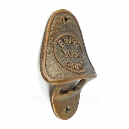 Enjoy Your Drink Beer Bottle Opener Cast Iron Wall Mounted Brass Finish