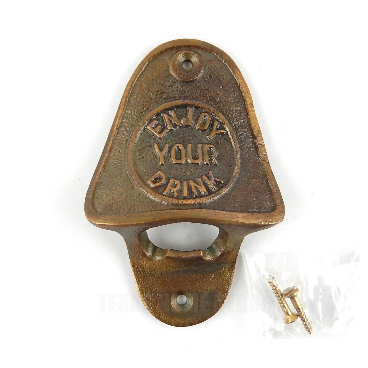 Enjoy Your Drink Beer Bottle Opener Cast Iron Wall Mounted Brass Finish