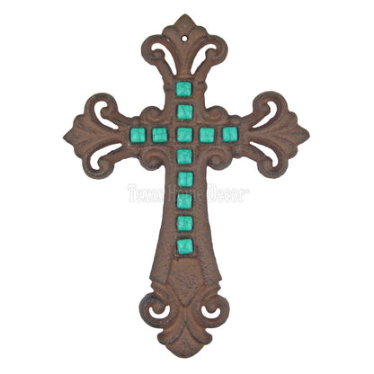 Turquoise Stones Fleur De Lis Wall Cross Cast Iron Rustic Finish Victorian Decor