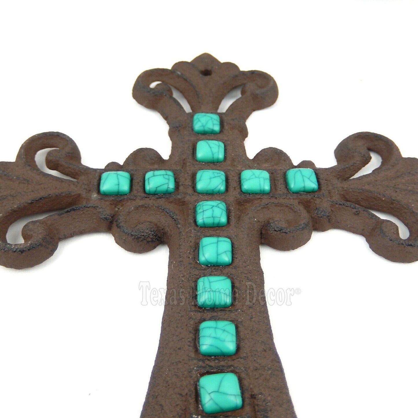 Turquoise Stones Fleur De Lis Wall Cross Cast Iron Rustic Finish Victorian Decor