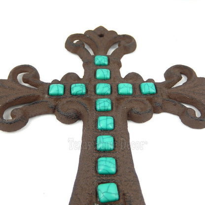 Turquoise Stones Fleur De Lis Wall Cross Cast Iron Rustic Finish Victorian Decor