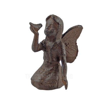 Cast Iron Angel Fairy Cherub Figurine Statue Holding Bird Rustic Garden Decor