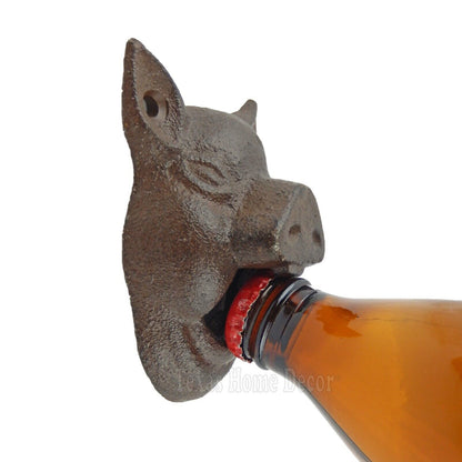 Pig Head Beer Soda Bottle Opener Cast Iron Wall Mounted Rustic Brown Bar Decor