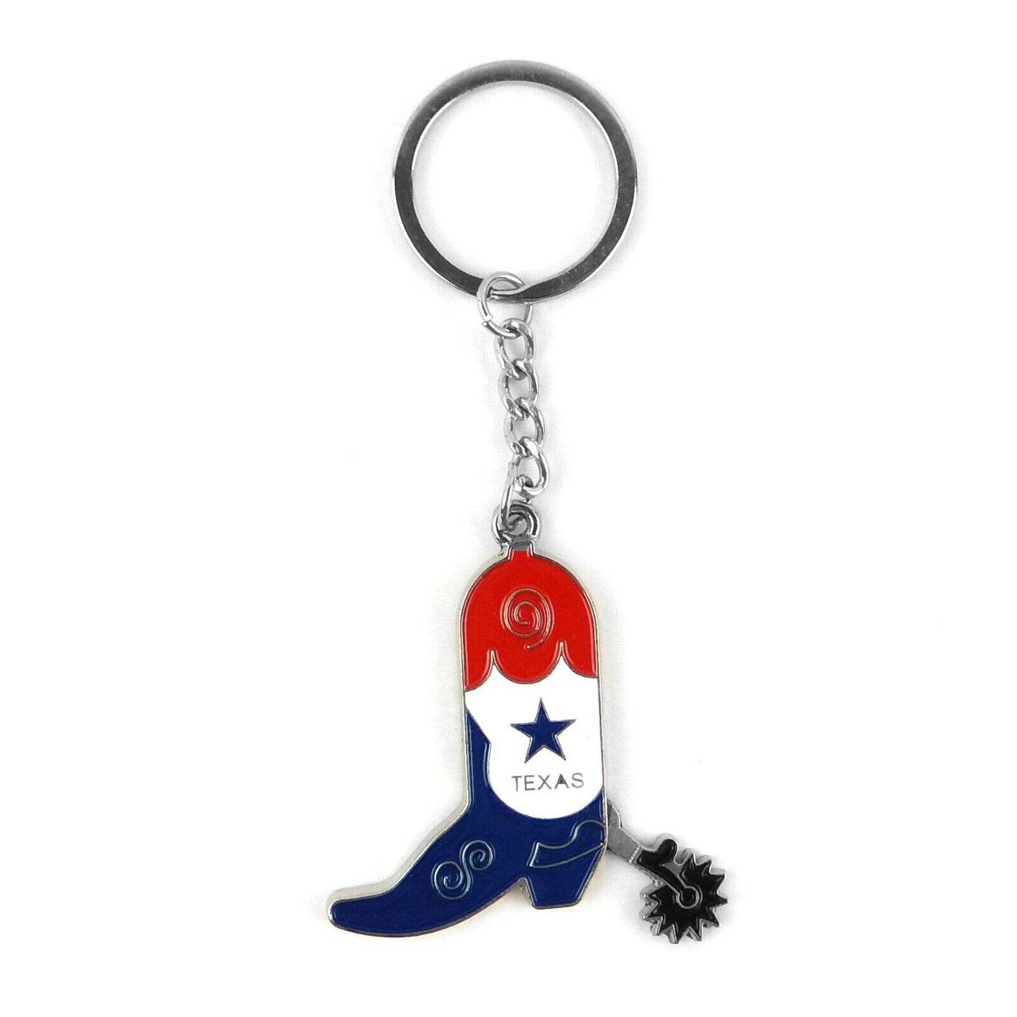 Metal Texas Flag Boot Spur Keychain Split Ring Enamel Color Inlay