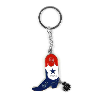 Metal Texas Flag Boot Spur Keychain Split Ring Enamel Color Inlay