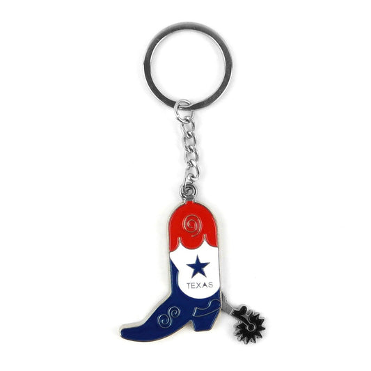 Metal Texas Flag Boot Spur Key Fob With Chain Split Ring Enamel Color Inlay