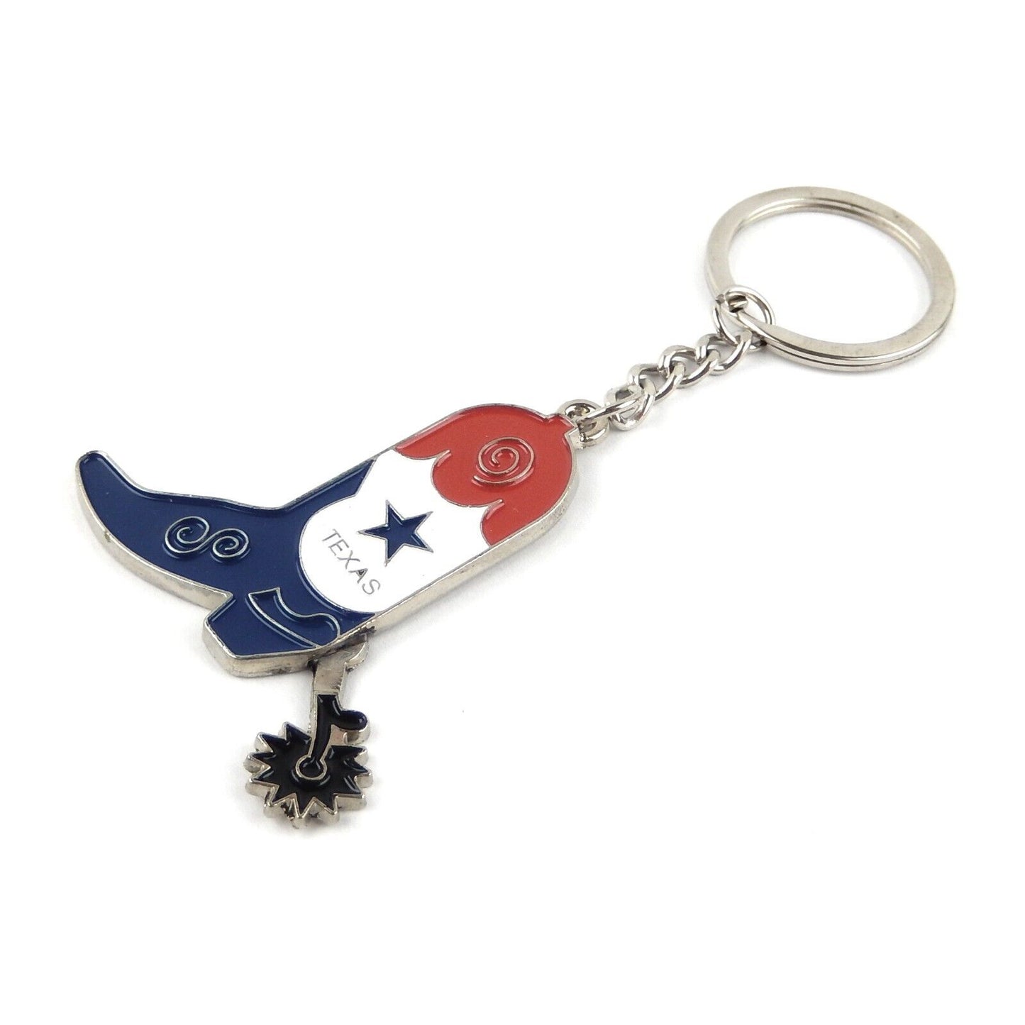 Metal Texas Flag Boot Spur Keychain Split Ring Enamel Color Inlay