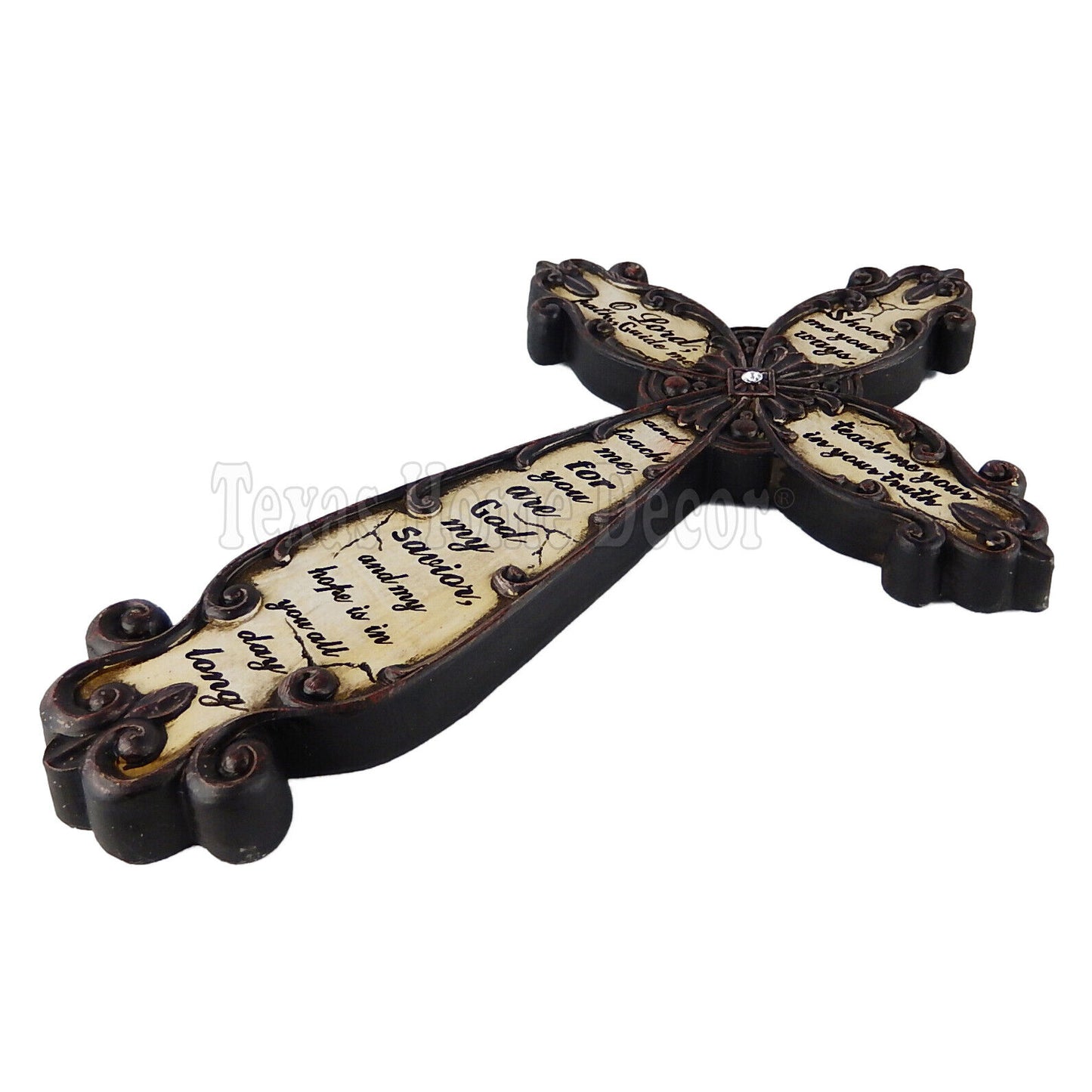 Inspirational Messages Wall Cross Engraved Fleur De Lis Center Stone 12 1/4 x 8"
