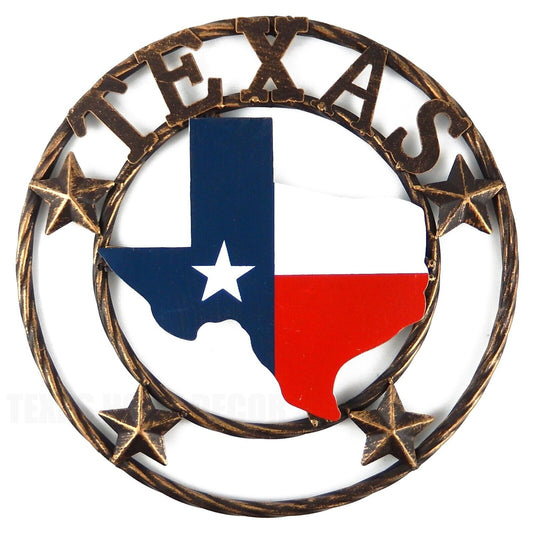 Metal Texas Map Flag Wall Star With Stars Ring Brushed Copper Finish 12 inch