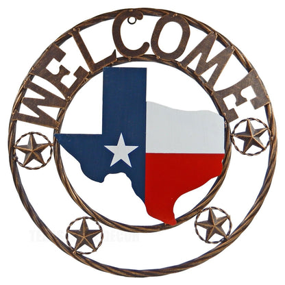 Metal Texas Map Flag Stars Welcome Wall Decor Brushed Copper 18 inch