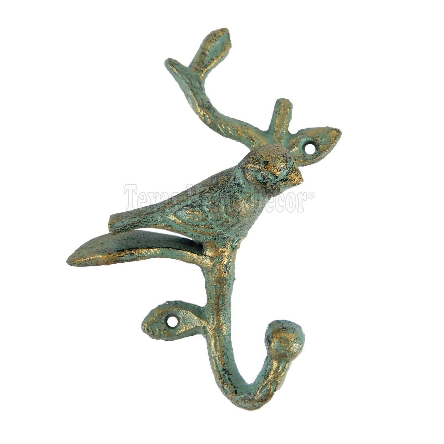 Bird Tree Wall Hook Key Towel Coat Hanger Cast Iron Gold Green Patina Finish