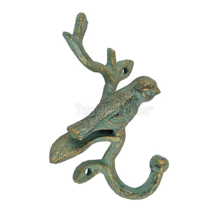 Bird Tree Wall Hook Key Towel Coat Hanger Cast Iron Gold Green Patina Finish