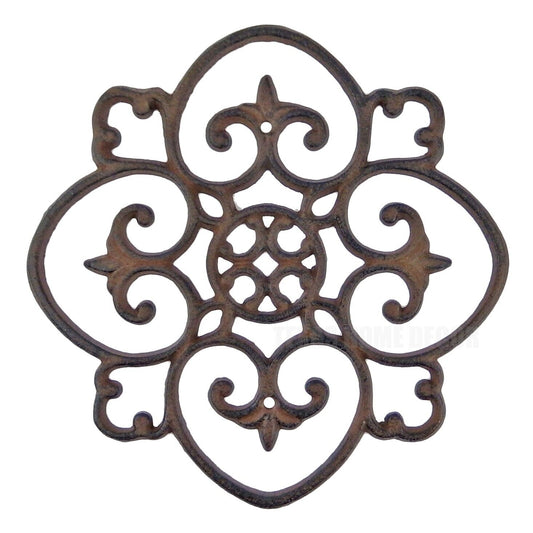 Cast Iron Fleur De Lis Victorian Wall Plaque Antique Style Scrolls Decor 9.25 in