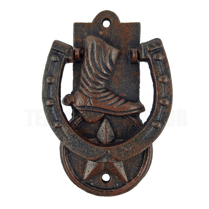 Cast Iron Horseshoe Boot Star Door Knocker Rustic Western Style 5.75 in Tall