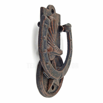 Cast Iron Horseshoe Boot Star Door Knocker Rustic Western Style 5.75 in Tall