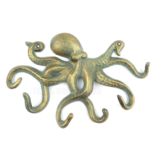 Octopus Wall Hook Cast Iron Key Rack Towel Coat Hanger Verdigris Green Nautical