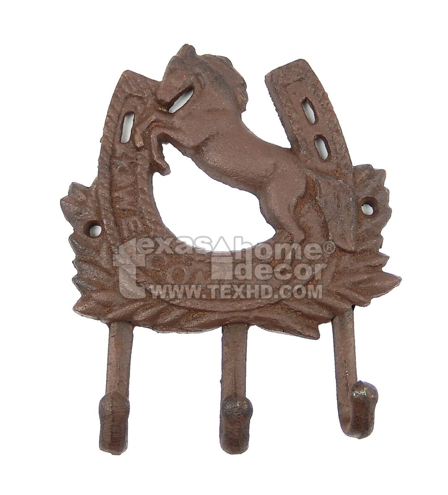 Rearing Horse Horseshoe Coat Rack "Welcome" Triple Key Hooks Cast Iron Towel Hook