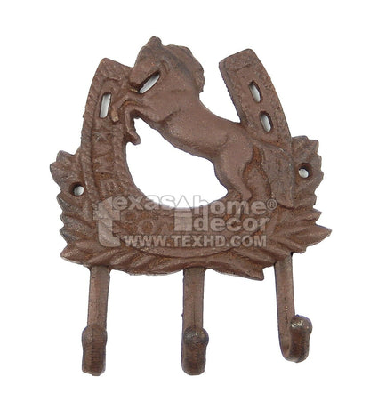 Rearing Horse Horseshoe Coat Rack "Welcome" Triple Key Hooks Cast Iron Towel Hook