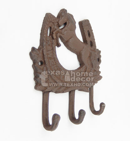 Rearing Horse Horseshoe Coat Rack "Welcome" Triple Key Hooks Cast Iron Towel Hook
