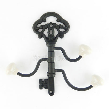 Key Shaped Swivel Hooks Coat Hanger Towel Wrought Iron Black Porcelain Tips