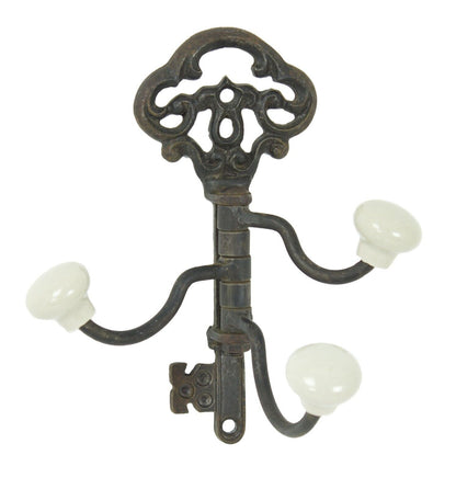 Key Shaped Swivel Hooks Coat Hanger Towel Wrought Iron Black Porcelain Tips