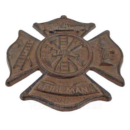 Cast Iron Fireman Firefighter Wall Plaque Cross Shield Rustic Brown Patina 9 in