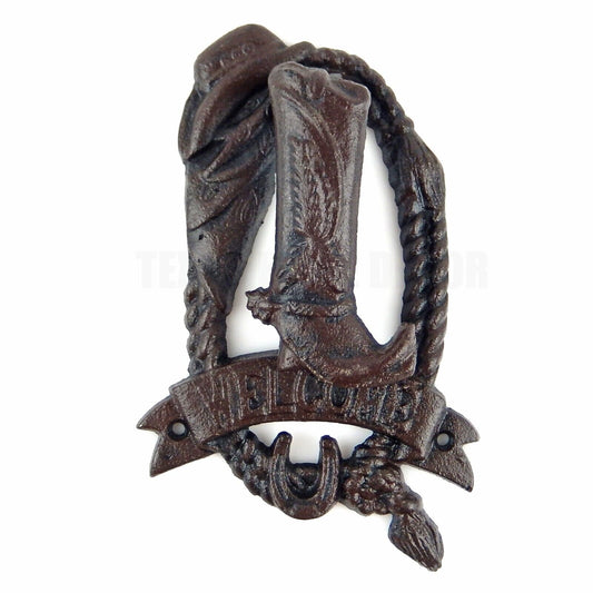 Cast Iron Boot Hat Rope Horseshoe Welcome Door Knocker Rustic Country Western