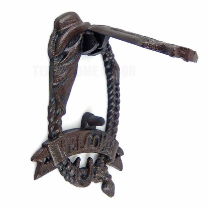 Cast Iron Boot Hat Rope Horseshoe Welcome Door Knocker Rustic Country Western