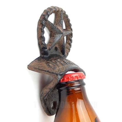 Cast Iron Western Star Rope Open Here Beer Bottle Opener Wall Mounted Rustic