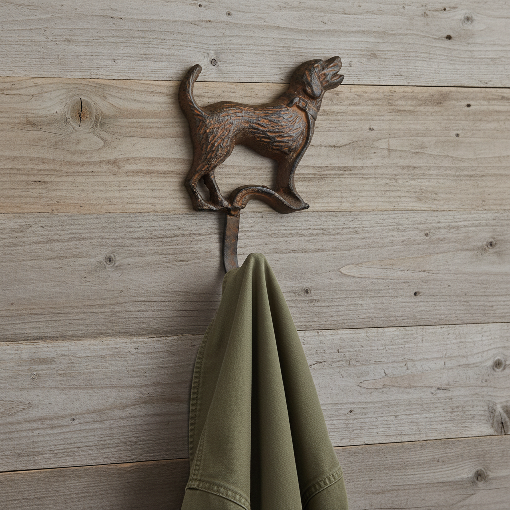 Dog Wall Hook Cast Iron Leash Key Towel Coat Hanger Rustic Brown Antique Look