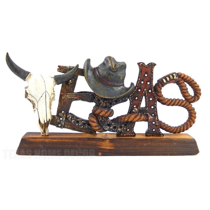 Western TEXAS Spellout Table Top Shelf Display Plaque Sign Rope Cow Skull Hat